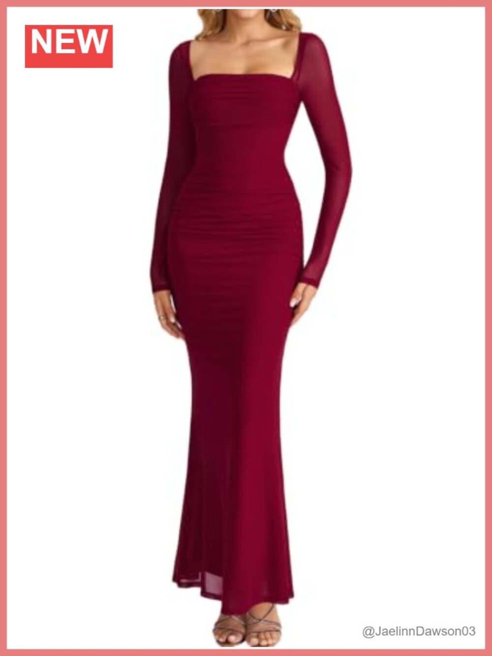 Women's Long Sleeve Mesh Maxi Dress Square Neck Ruched Wedding Guest Formal